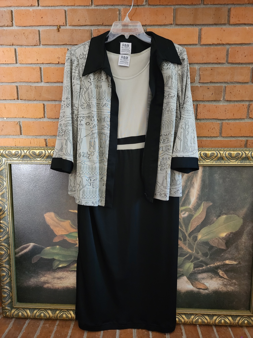 R&M Richards Black and Cream Three-Piece Skirt Set with Patterned Jacket